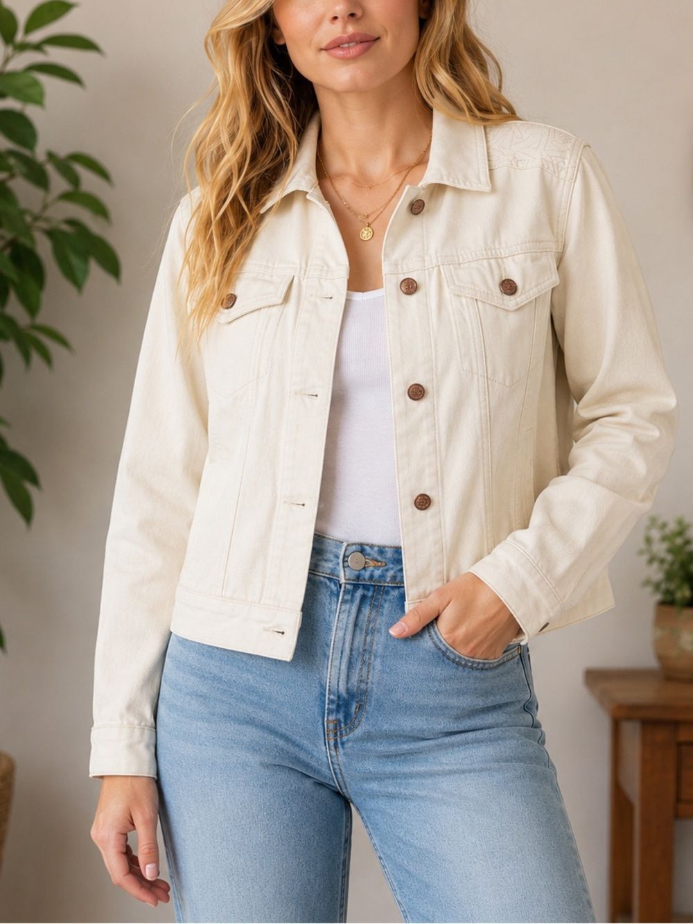 Marine Layer Embroidered Floral Bird Denim Jacket Cream Cotton Xl Trucker Style